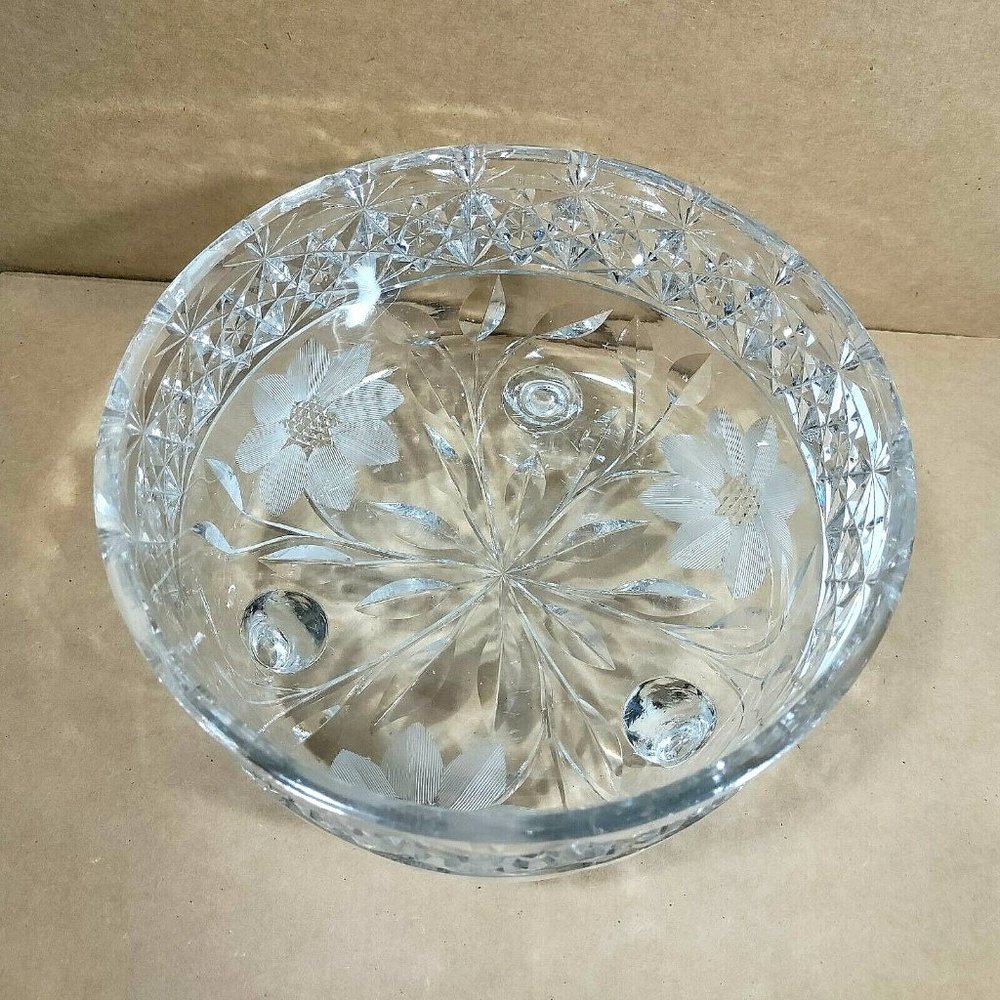 Vintage Cut Glass Centerpiece Frosted Flowers Geometric Pattern 3 Footed READ